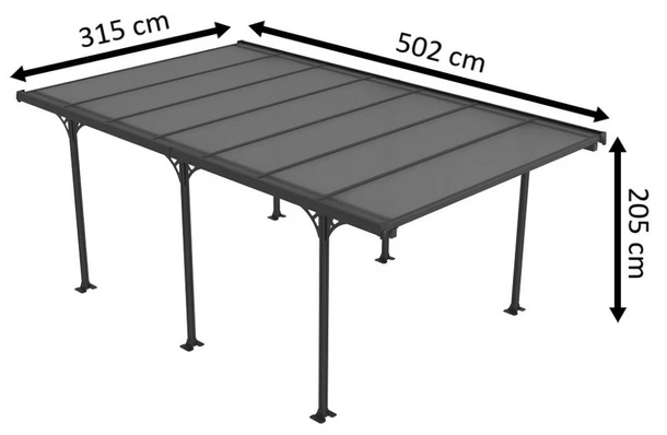 Wymiary produktu Veľký polykarbonátový prístrešok Montana 3,15 x 5,00 m CoverTech antracitový - 315x502x205